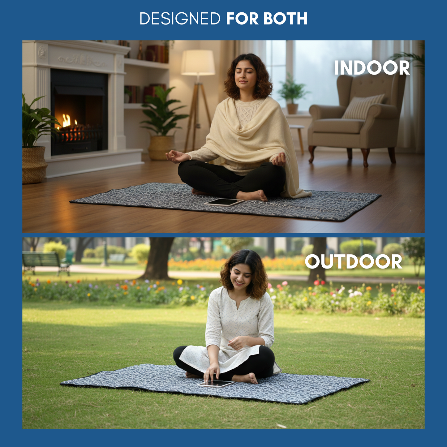 Woman meditating on fitmat foldable mattress indoors and outdoors with text 'Designed for Both'.