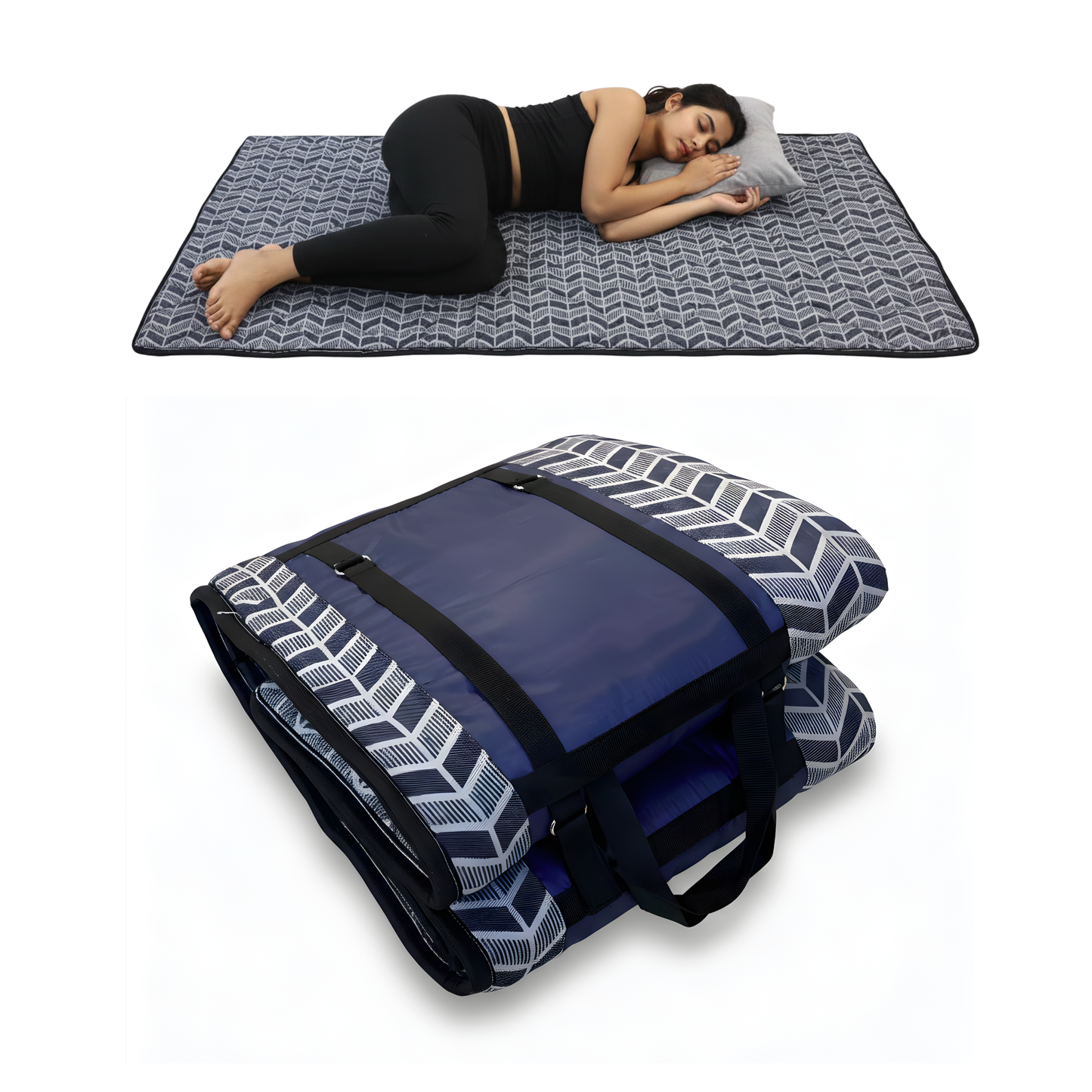 Woman lying on a fitmat foldable mat with a fitmat foldable mattress below on a white background