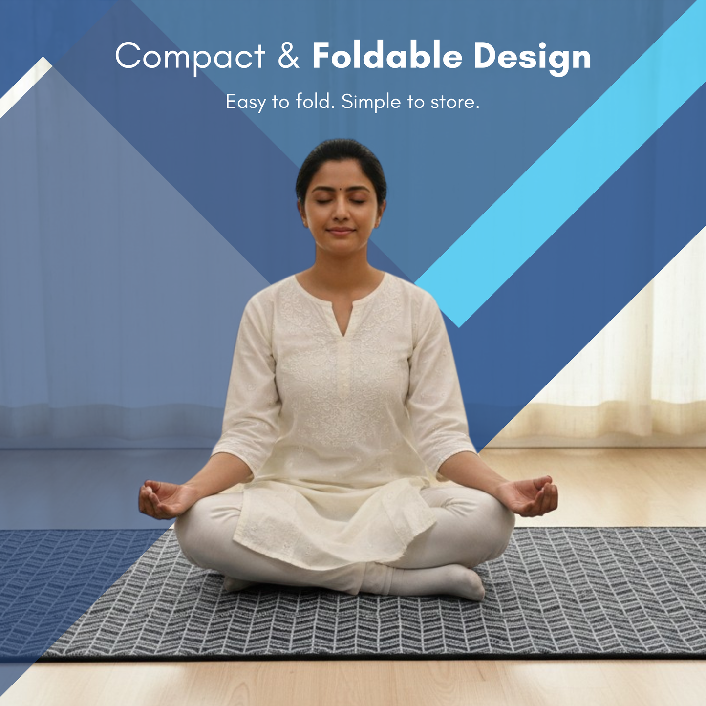 Woman sitting on a fitmat foldable mattress with a blue and white design element and text about compact and foldable design.