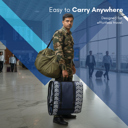 Man in camouflage holding a fitmat foldable mattress with text 'Easy to Carry Anywhere' in an airport setting.