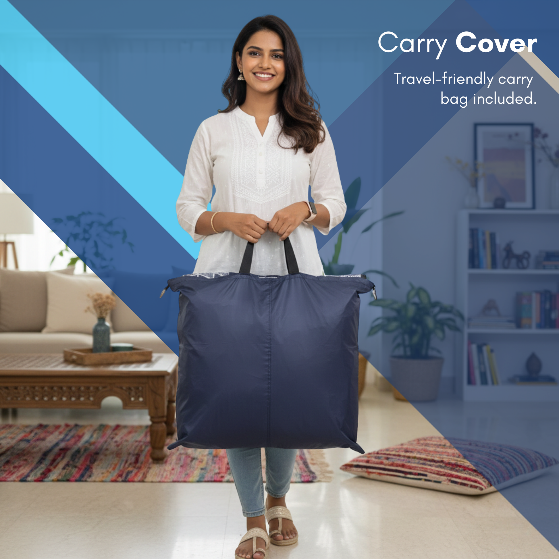 Woman holding a travel-friendly fitmat foldable mattress in a living room setting with text 'Carry Cover'.