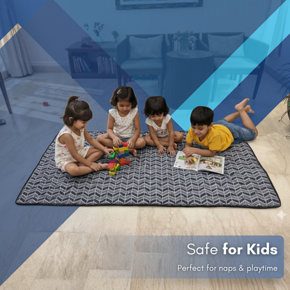 Children playing on fitmat foldable mat in a room with text 'Safe for Kids' and 'Perfect for naps & playtime'.