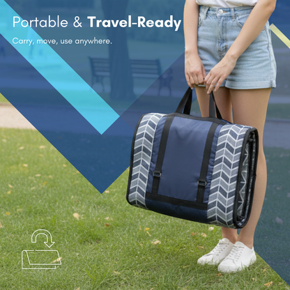 Person holding a portable fitmat foldable mat with text 'Portable & Travel-Ready' on a grassy background.