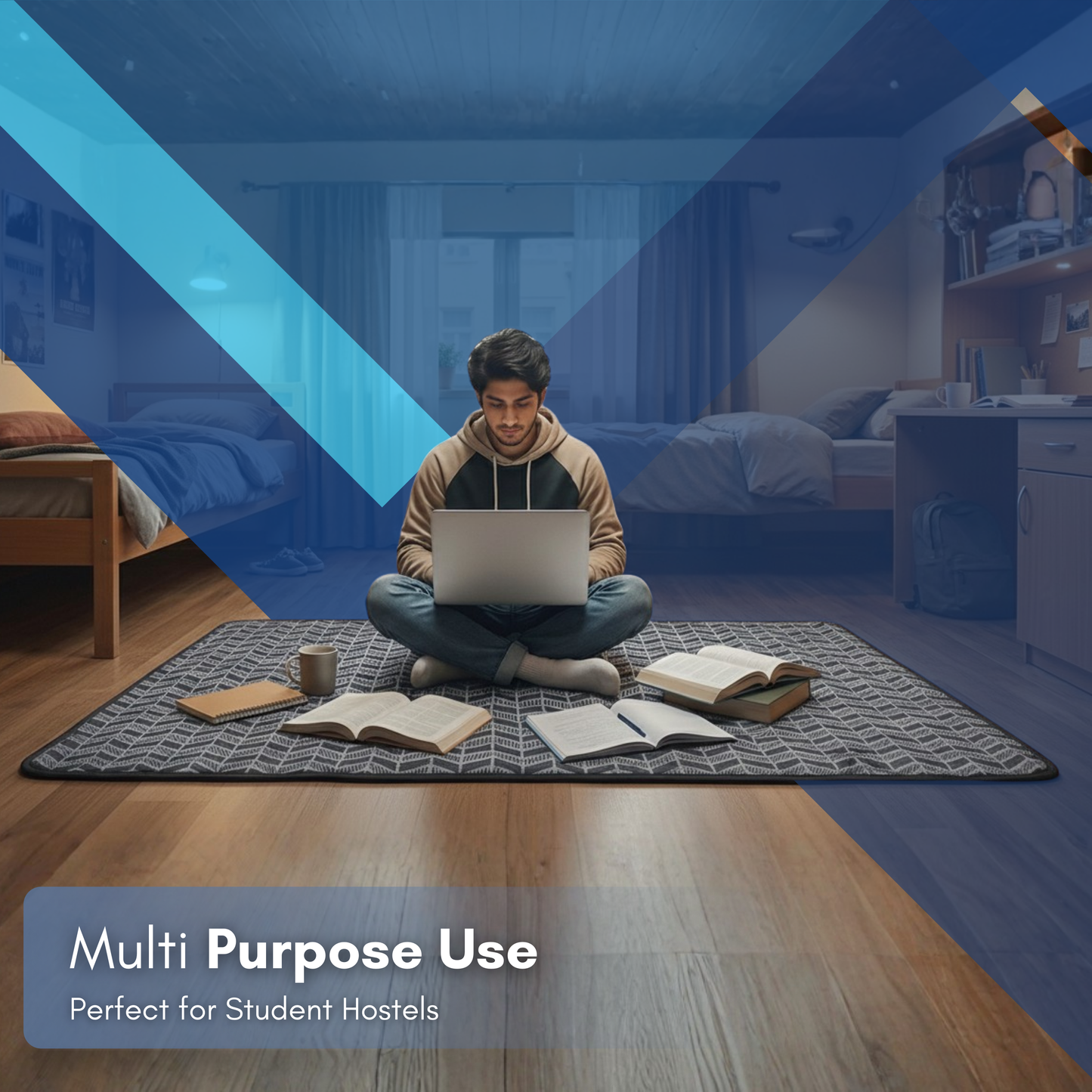 Person studying while sitting on fitmat foldable mat with books and a laptop, with text 'Multi Purpose Use Perfect for Student Hostels'.